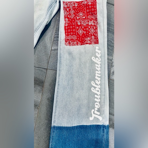 Light Wash Denim Flared Leg High Waist Patchwork Paisley Troublemaker Jeans - Picture 3 of 6